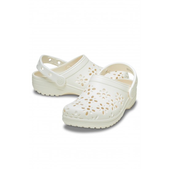 Crocs Classic Floral Cut Out Clog Kadın Terlik Krem