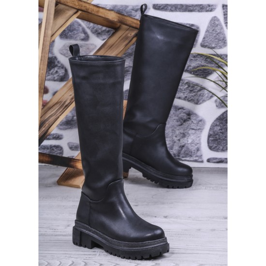 Ayakkabix Düz Suni Deri Diz Altı Kadın Çizme